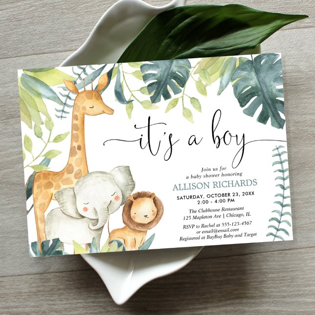 It's a Boy watercolor safari animals baby shower Invitation (Creator Uploaded)