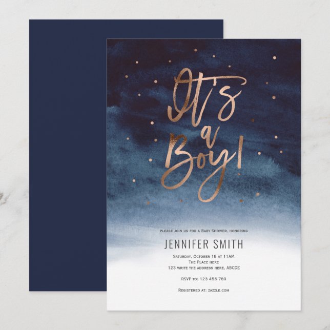 Its a boy, watercolor, winter baby shower invitation (Front/Back)