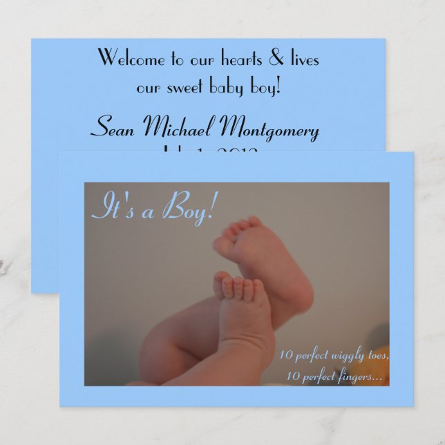 It's a Boy Wiggly Toes Birth Announcement Cards (Front/Back)