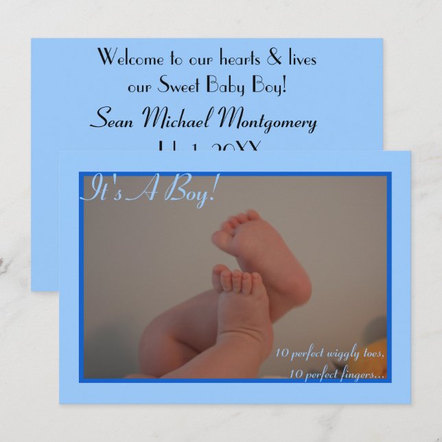 It's a Boy Wiggly Toes Photo Birth Announcements (Front/Back)