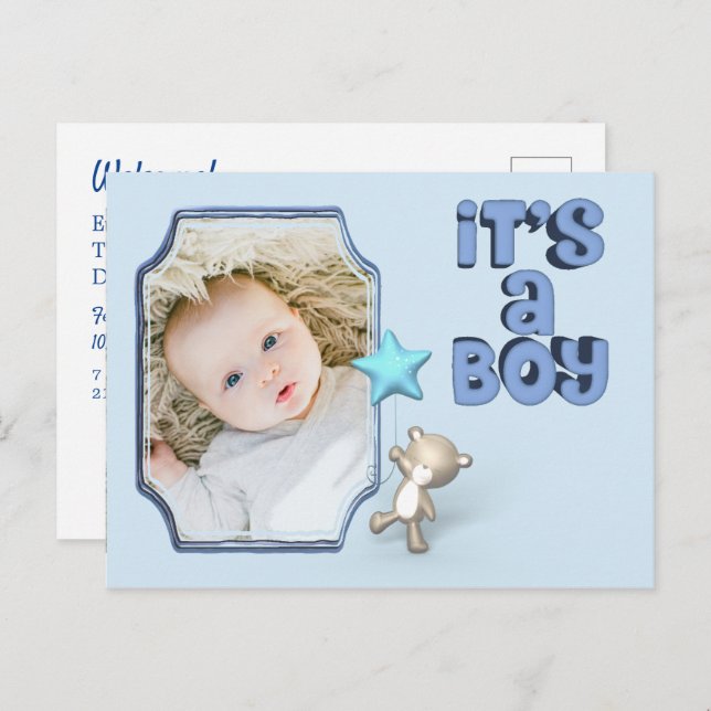 It's A Boy With Photo Baby Bear Announcement Card (Front/Back)