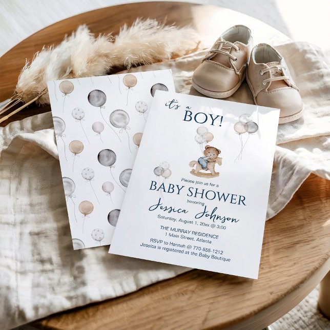 It's a Boy with Teddy Bear & Balloons Baby Shower Invitation (Creator Uploaded)