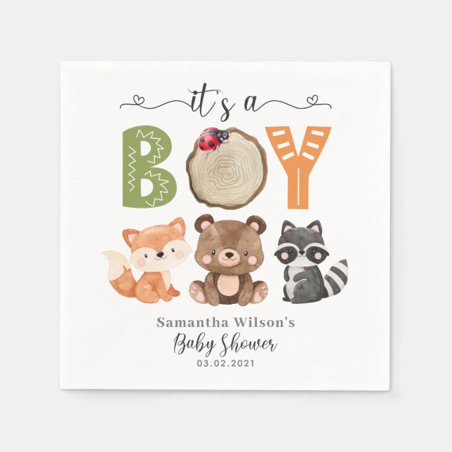 It's a Boy Woodland Animals Baby Shower Napkins (Front)