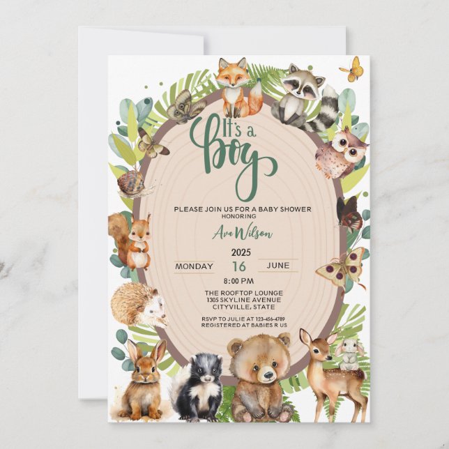 It's a Boy Woodland Animals Forest Baby Shower  Invitation (Front)