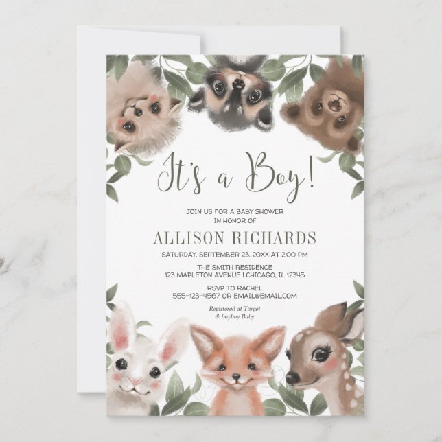 It's a Boy woodland animals forest baby shower Invitation (Front)