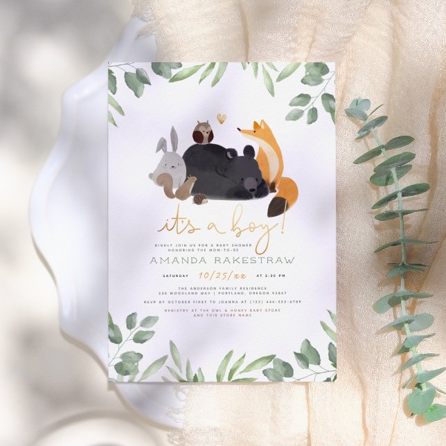 It's A Boy Woodland Animals & Greenery Baby Shower Invitation (Creator Uploaded)