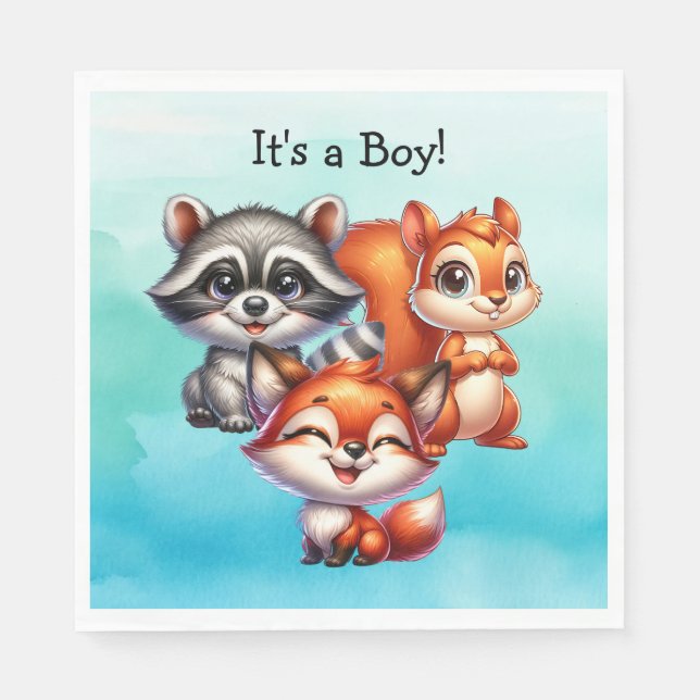 It's a Boy | Woodland Creatures Baby Shower Napkin (Front)
