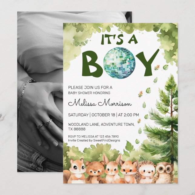 It's A Boy Woodland Disco Baby Boy Shower Invitation (Front/Back)