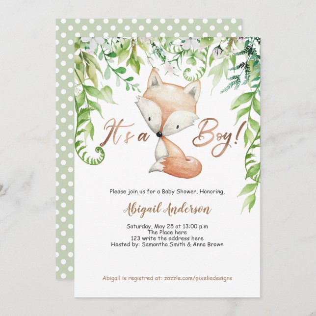 Its a Boy, Woodland fox, Greenery, Rose gold Invitation (Front/Back)
