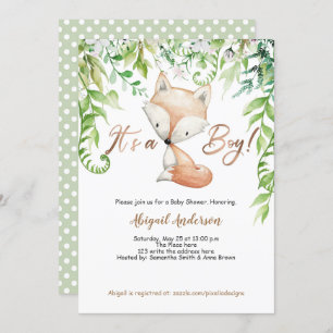 Its a Boy, Woodland fox, Greenery, Rose gold Invitation
