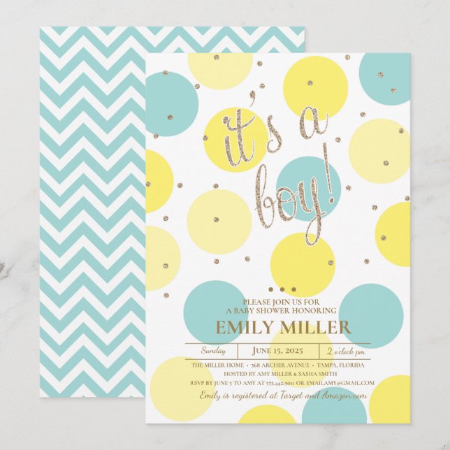 It's a Boy - Yellow, Turquoise & Gold Baby Shower Invitation (Front/Back)