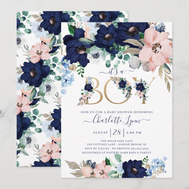 It's A BoyNavy Blue & Blush Floral Baby Shower Invitation (Front/Back)