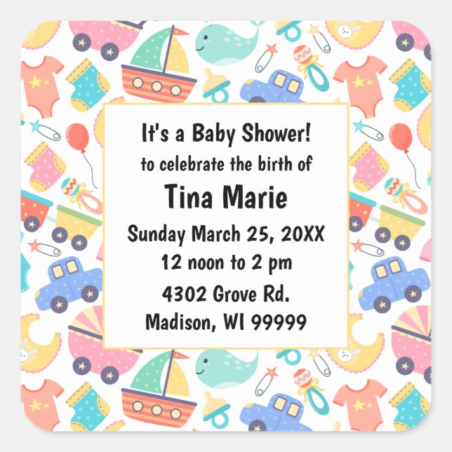 It's a Colourful Baby Shower Light Save the Date Square Sticker (Front)