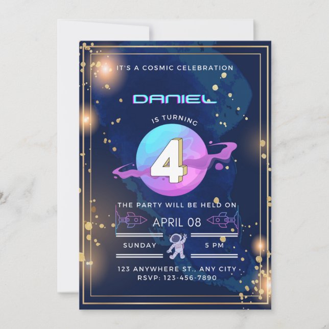 it's a cosmic celebration 4th birthday invitation (Front)