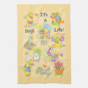 Its a Dogs Life Whimsy Funny Dogs Yellow Tea Towel