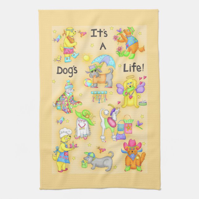 Its a Dogs Life Whimsy Funny Dogs Yellow Tea Towel (Vertical)