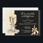 It's a Double Celebration Gold Champagne Party Invitation<br><div class="desc">Make your joint birthday party unforgettable with this stylish and festive invitation design! With a sophisticated two-tone cream black layout, the left side features a rich pink shade adorned with golden glitters, watercolor champagne glasses, and a bottle that sets the scene for a bubbly celebration. The scripted “It’s a double...</div>