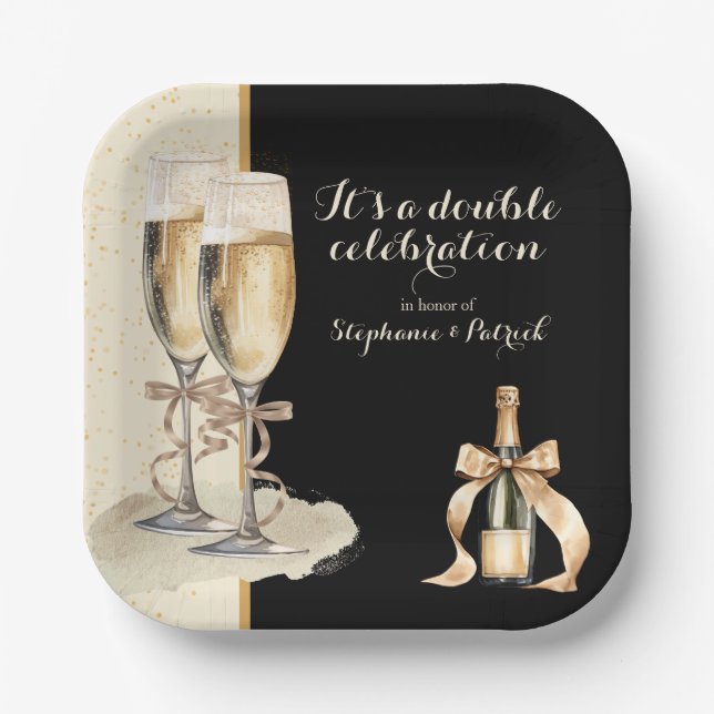 It's a Double Celebration Gold Champagne Party Paper Plate (Front)