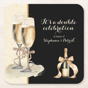 It's a Double Celebration Gold Champagne Party Square Paper Coaster