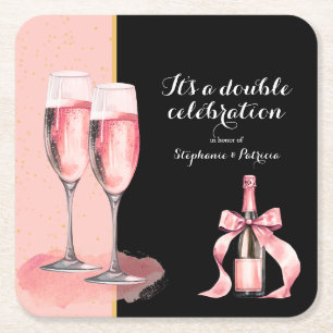 It's a Double Celebration Pink Champagne Birthday Square Paper Coaster