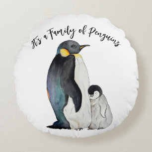 It's a family of penguins watercolor drawing round cushion