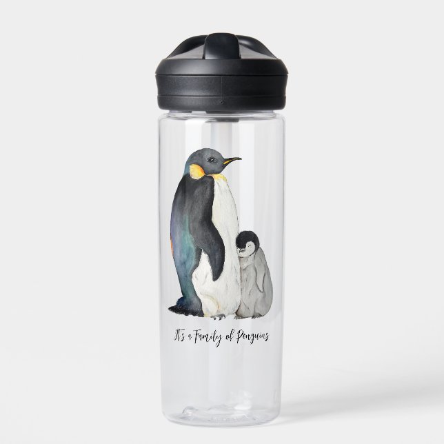 It's a family of penguins watercolor drawing water bottle (Front)