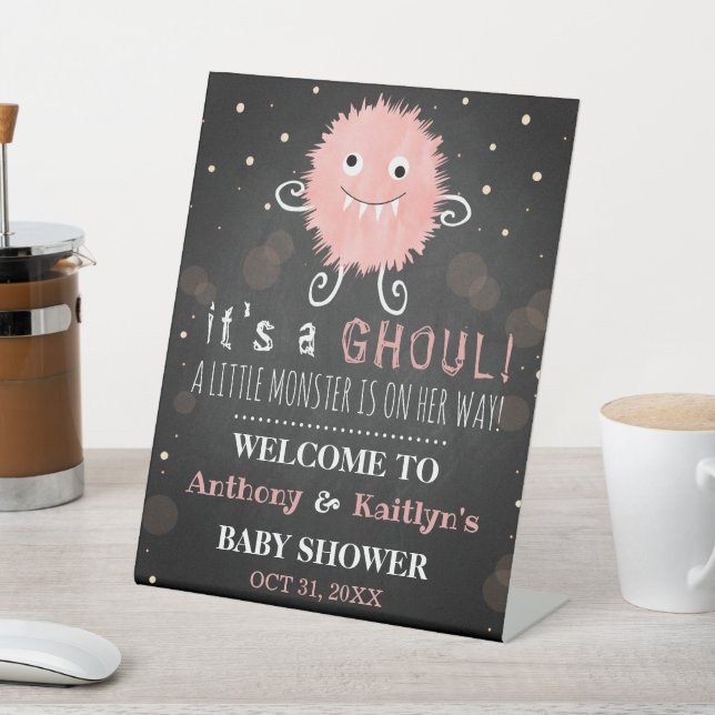 It's A Ghoul! Little Monster Halloween Baby Shower Pedestal Sign (In SItu)