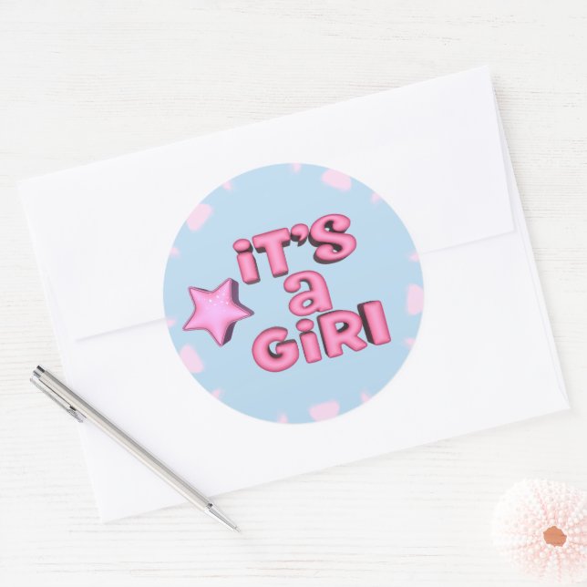 It's A Girl 3D Text Star Classic Round Sticker (Envelope)