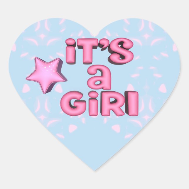 It's A Girl 3D Text Star Heart Sticker (Front)