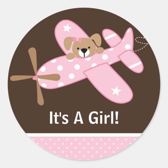 It's A Girl Aeroplane Baby Birth Announcement Classic Round Sticker (Front)