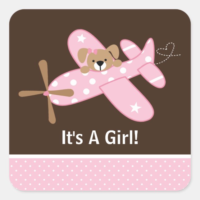 It's A Girl Aeroplane Baby Birth Announcement Square Sticker (Front)