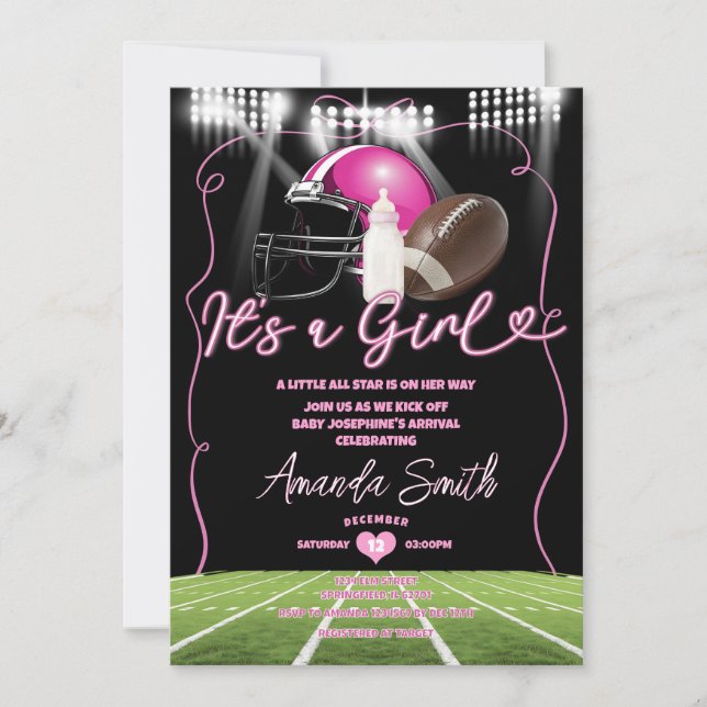 It's A Girl American Football With Bow Baby Shower Invitation (Front)
