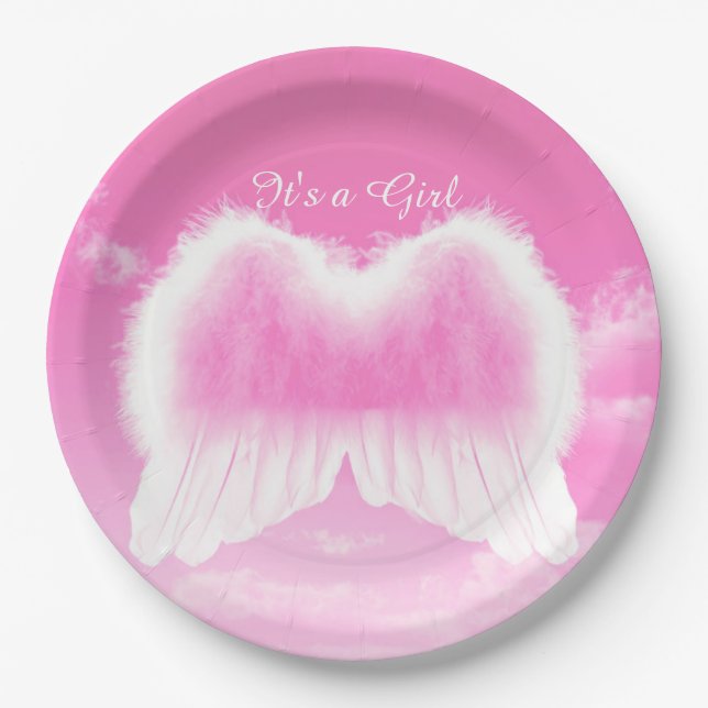 It's a Girl Angel Wings Paper Plates 9" (Front)