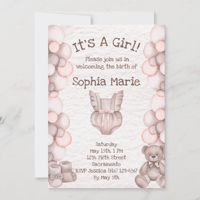 It's A Girl Baby Announcement Shower Invitation (Front)