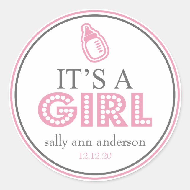 It's A Girl Baby Bottle Favour Sticker (Pink/Grey) (Front)