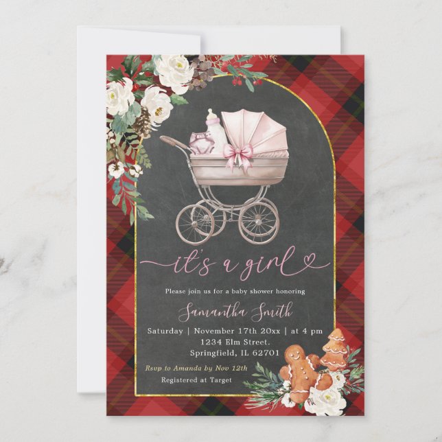 It's A Girl Baby Carriage Red Black Plaid Shower Invitation (Front)