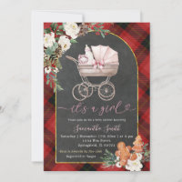 It's A Girl Baby Carriage Red Black Plaid Shower