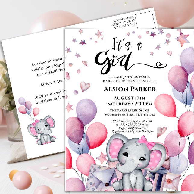 It's a Girl Baby Elephant Pink Balloon Baby Shower Invitation Postcard (Creator Uploaded)