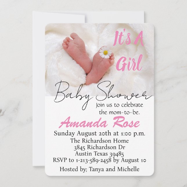 It's A Girl Baby Feet with Daisy  Holiday Card (Front)