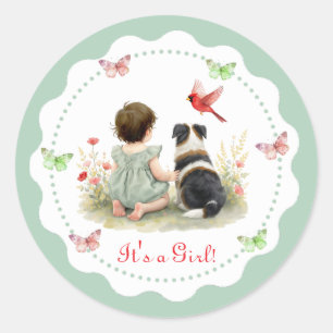 It's a Girl Baby Girl and her Puppy Baby Shower Classic Round Sticker