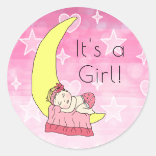 It's a Girl , Baby Girl on Moon Pink Classic Round Sticker