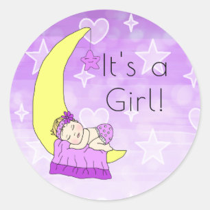 It's a Girl , Baby Girl on Moon Purple Classic Round Sticker