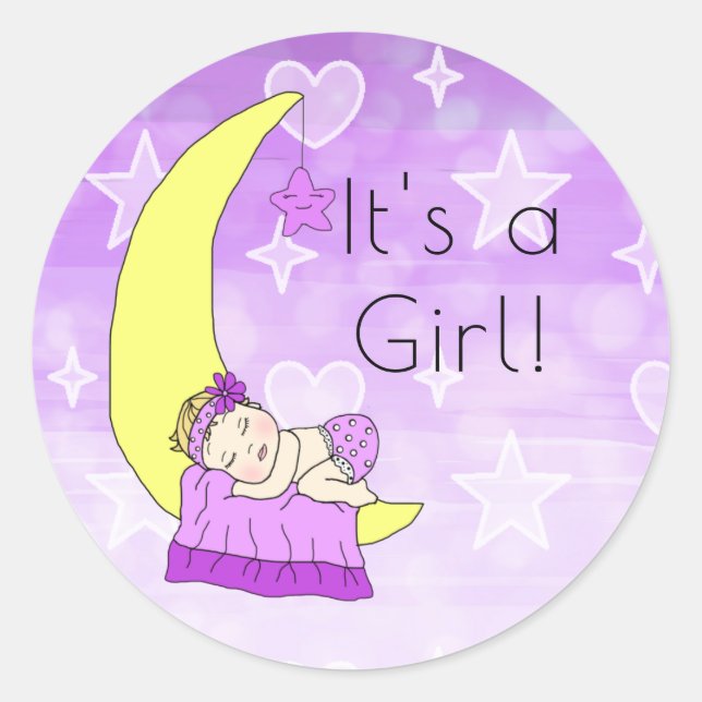 It's a Girl , Baby Girl on Moon Purple Classic Round Sticker (Front)
