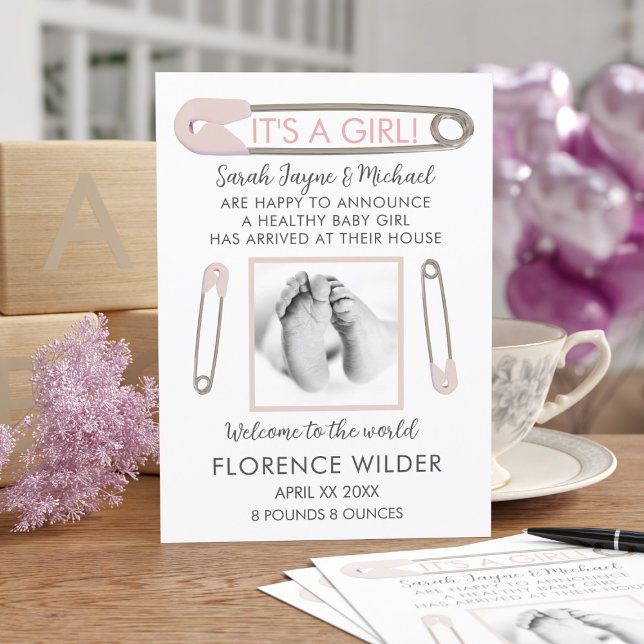 It's a Girl Baby Photo Pink Birth Announcement (A pink diaper pin design with space for your new baby photo and birth announcement message. )