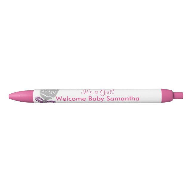 It's A Girl Baby Rattle Pink Star Announcements Black Ink Pen (Front)