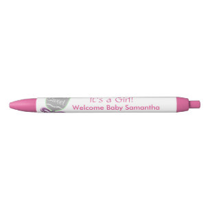 It's A Girl Baby Rattle Pink Star Bow Announcement Black Ink Pen