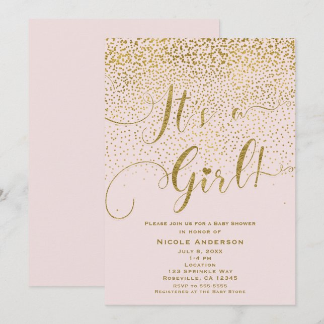 It's A Girl Baby Shower Blush Pink & Gold Confetti Invitation (Front/Back)