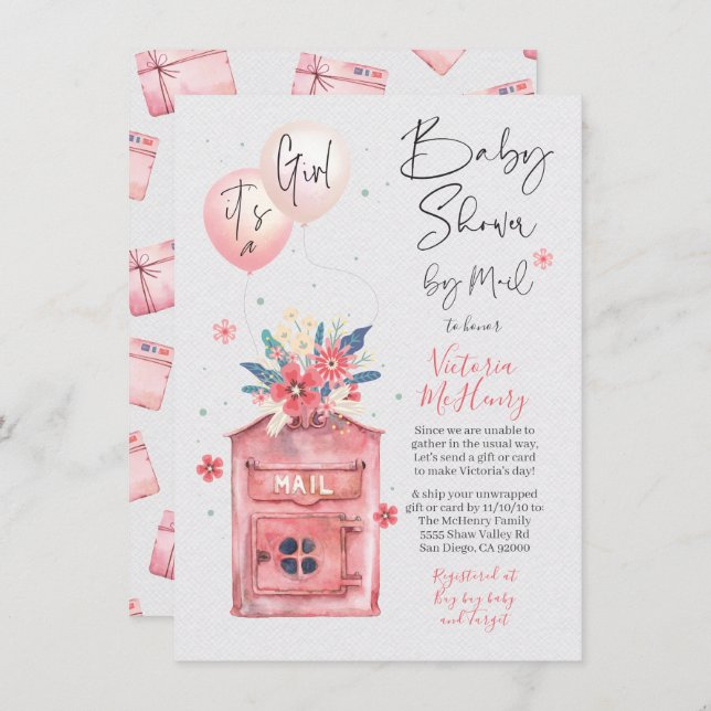It's a Girl Baby Shower by Mail Balloons Mailbox Invitation (Front/Back)