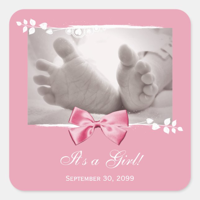 Its a Girl Baby Shower Elegant Birth Announcement Square Sticker (Front)