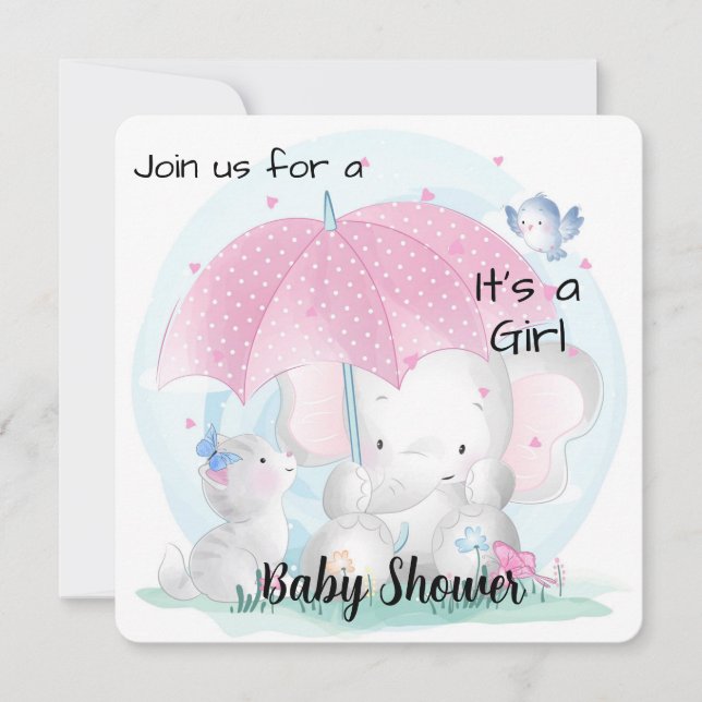 Its a Girl Baby Shower Elephant and Kittens Holiday Card (Front)